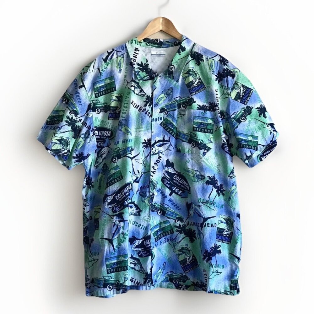 Columbia PFG Trollers Best Fish Print Hawaiian Golf & Fishing‎ Shirt Size XXL